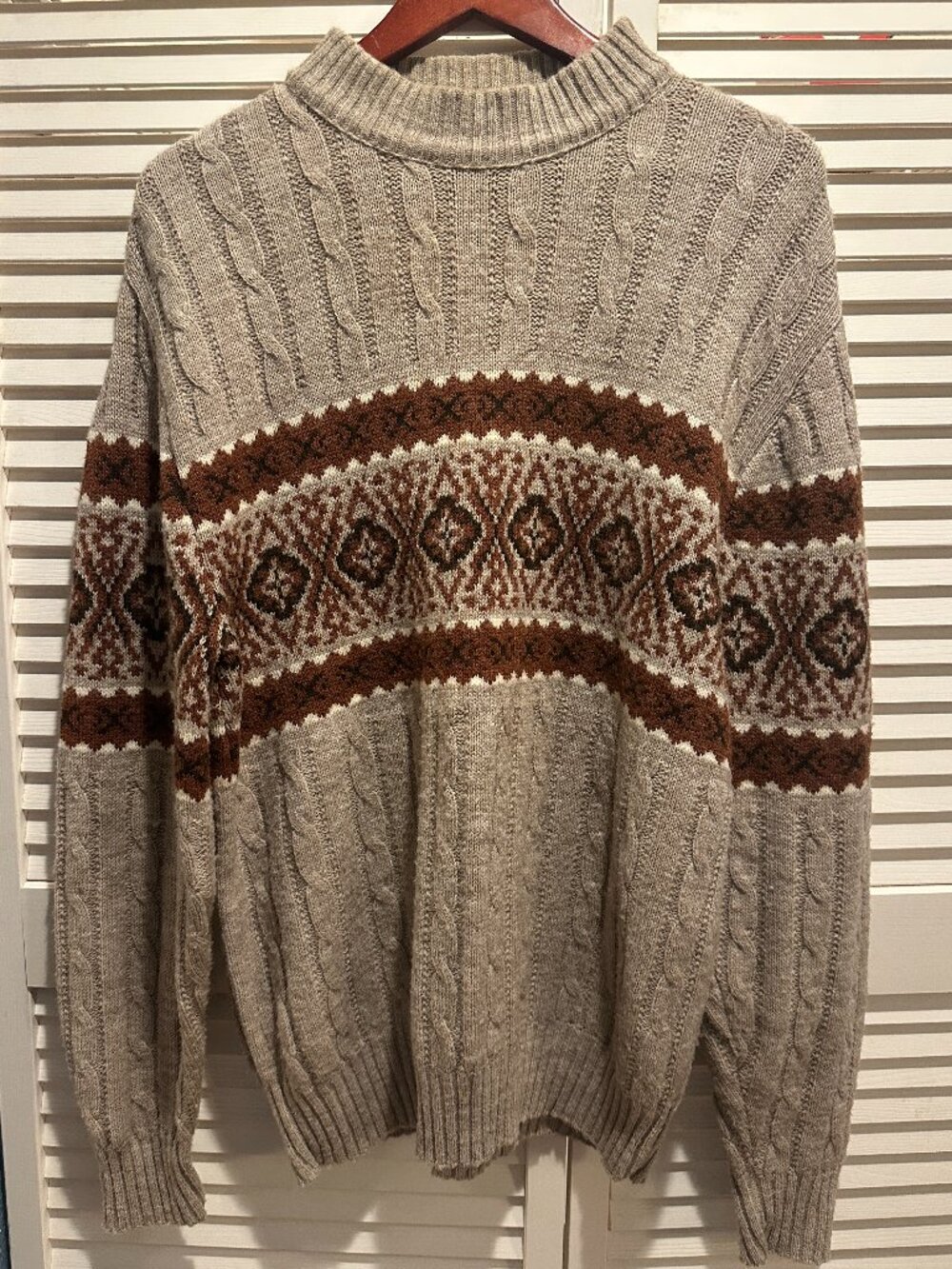 Vintage Jantzen Wool Blend Fair Isle Cable Knit Sweater Made USA XL Grandpa